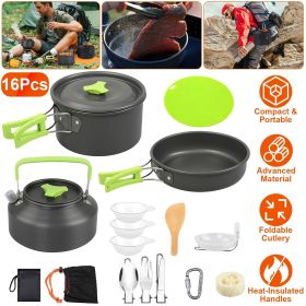 16 Piece Camping Cookware Set with Stove Aluminum Pots Frying Pan Kettle Bowls Fork Spoon Knife Carabiner Spatula Cutting Board Portable Cook Kit
